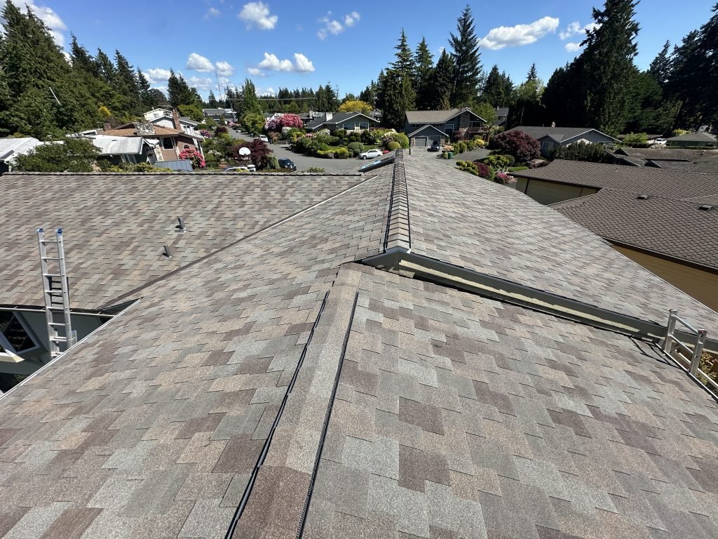 Asphalt shingle roof with ridge vent in suburban neighborhood