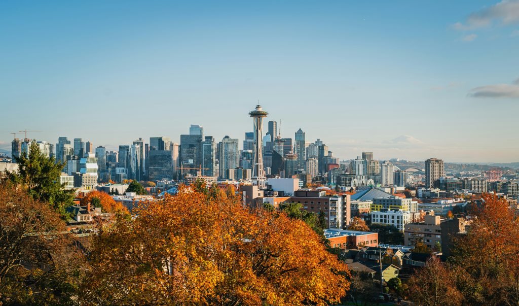 Seattle city skyline with Space Needle in autumn