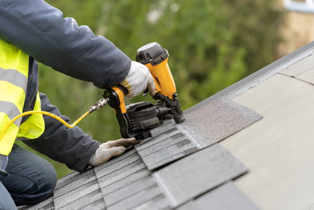 Workman using pneumatic nail gun install tile on roof of new house
