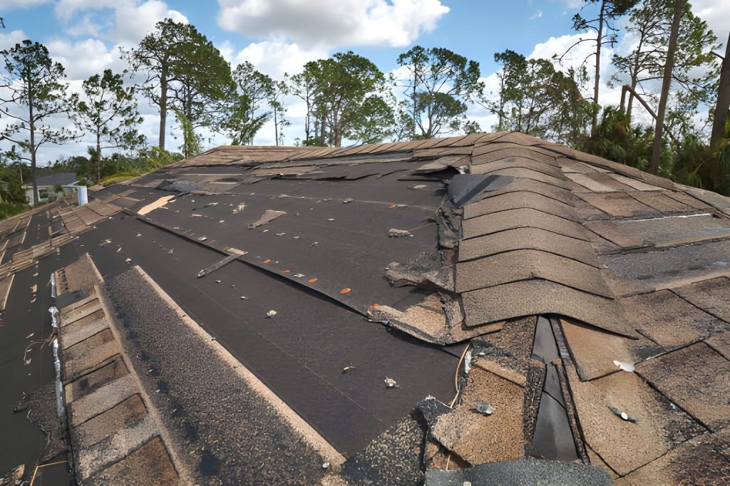 Wind damaged house roof with missing asphalt shingles after hurricane Ian