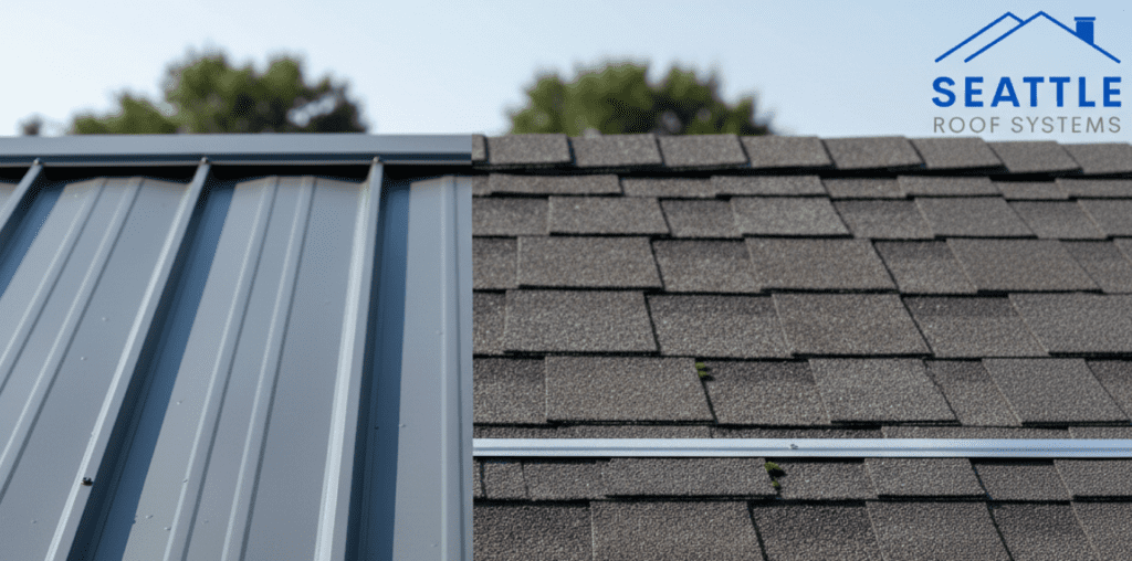 Gray metal roof with a blue Seattle logo.