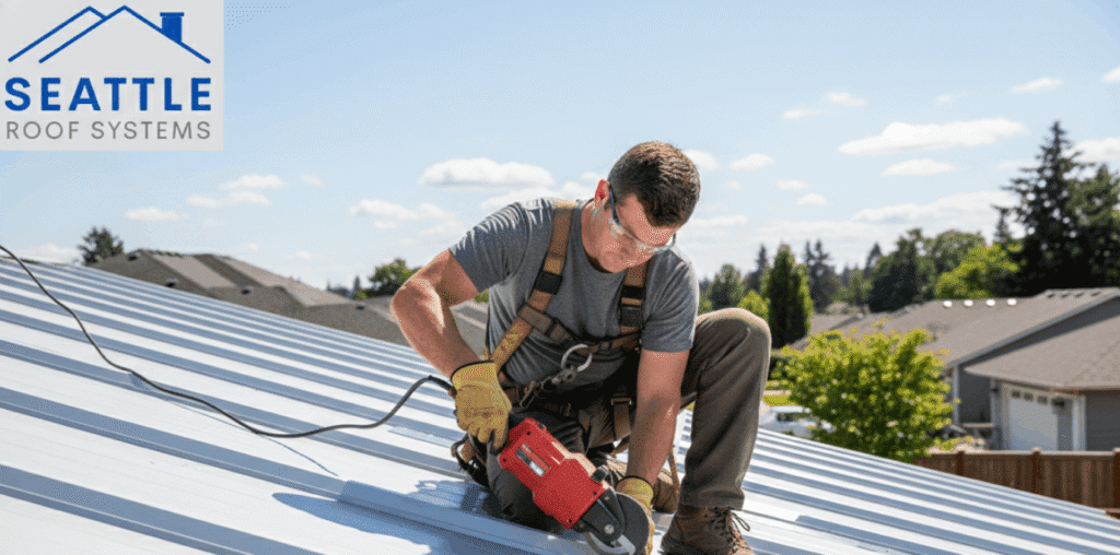 Roofer in harness cutting white metal roof.
