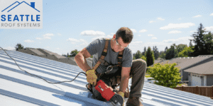 Roofer in harness cutting white metal roof.