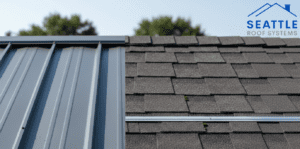 Gray metal roof with a blue Seattle logo.