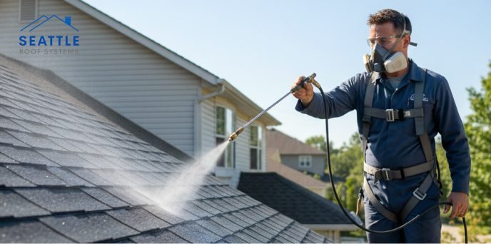 A technician applying a cleaning solution to a roof using a low-pressure nozzle