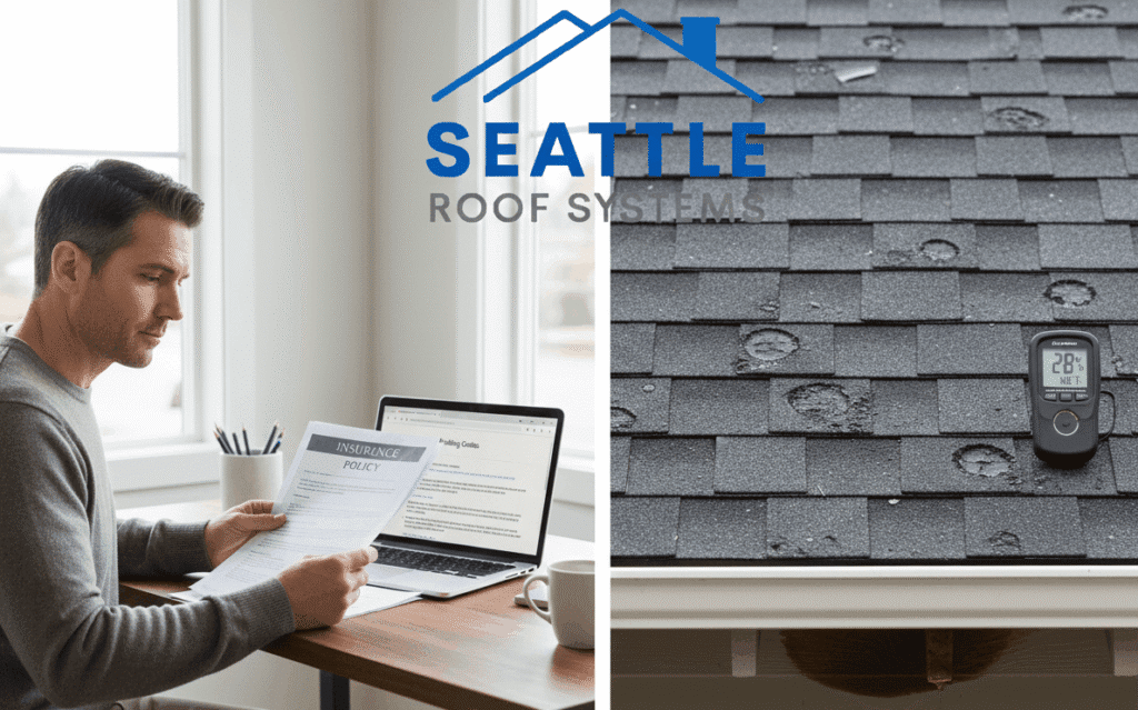 Man reviewing policy beside a damaged roof.