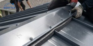 Workers loading sofa and metal roof installation.