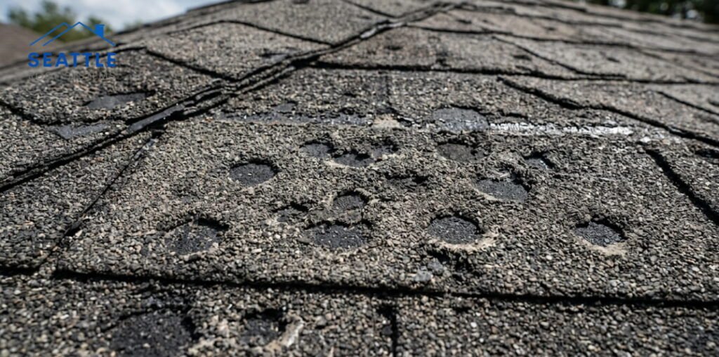 Close-up of damaged asphalt roof shingles.