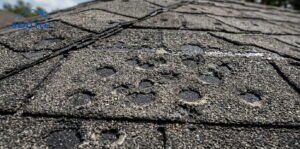 Close-up of damaged asphalt roof shingles.