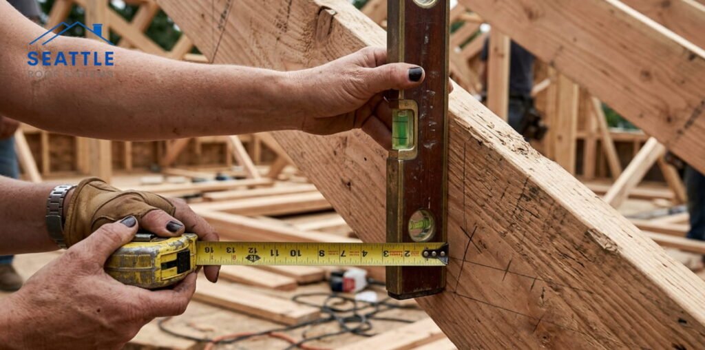 Technician measuring wooden roof truss for installation.