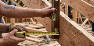 Technician measuring wooden roof truss for installation.