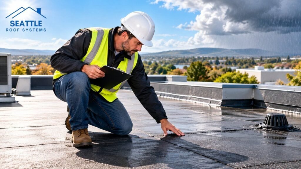 Roofer inspecting a wet low slope roof drain under rain clouds in Seattle, WA