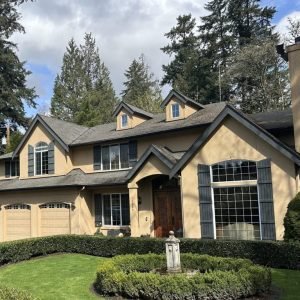 Large two-story house with manicured lawn and new roof shingles