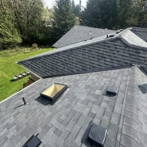 Top view of modern house roof with skylight and ventilation