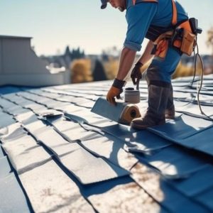Roofer installing metal roofing panels on house